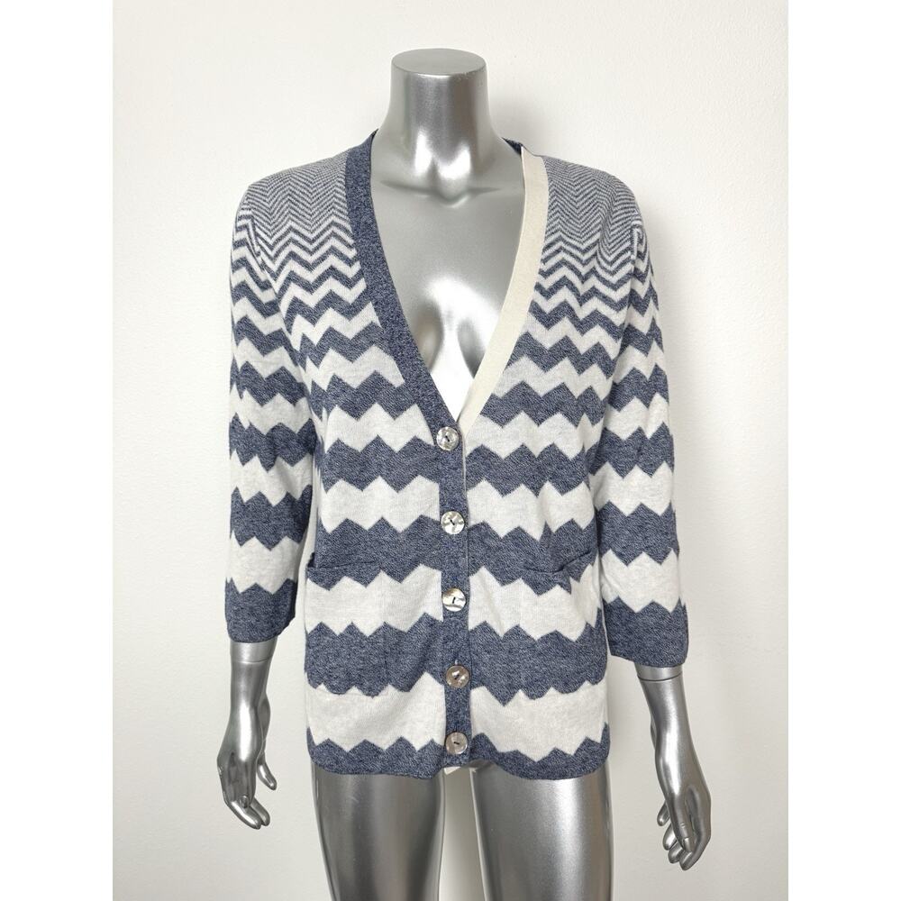 Zig Zag Cardigan Sweater Cotton Cashmere Blue White Zoe Couture M